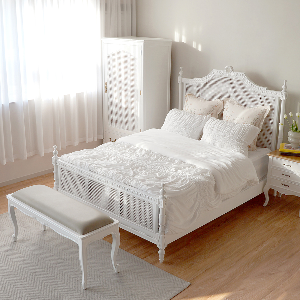 데이지 프렌치 엔틱 라탄 퀸사이즈 Q 침대 신혼 부부 침대프레임 원목 화이트