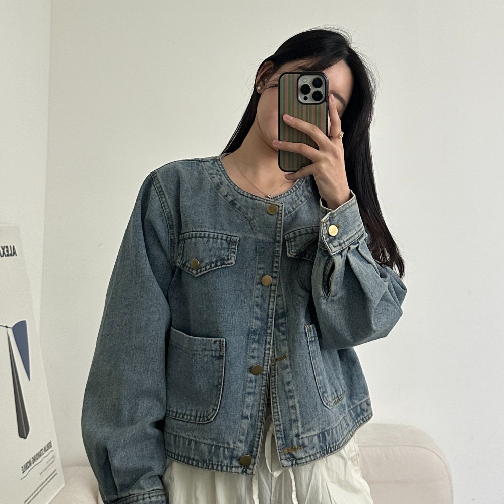 포니크랑 데님 노카라자켓 오버핏 크롭 숏자켓 간절기 여자 흑청자켓 2color 이미지 2