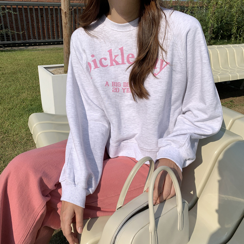 루즈핏 레터링 프린팅 세미 크롭 맨투맨 퍼프 봄 여성 맨투맨 나그랑 여자 크롭티