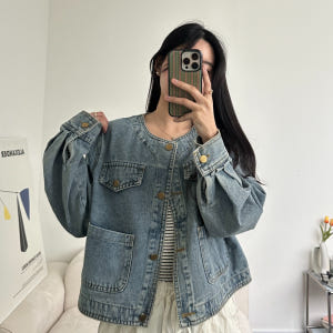 포니크랑 데님 노카라자켓 오버핏 크롭 숏자켓 간절기 여자 흑청자켓 2co... 착용 후기 | 사이즈/핏 총정리 - 상품 이미지 1