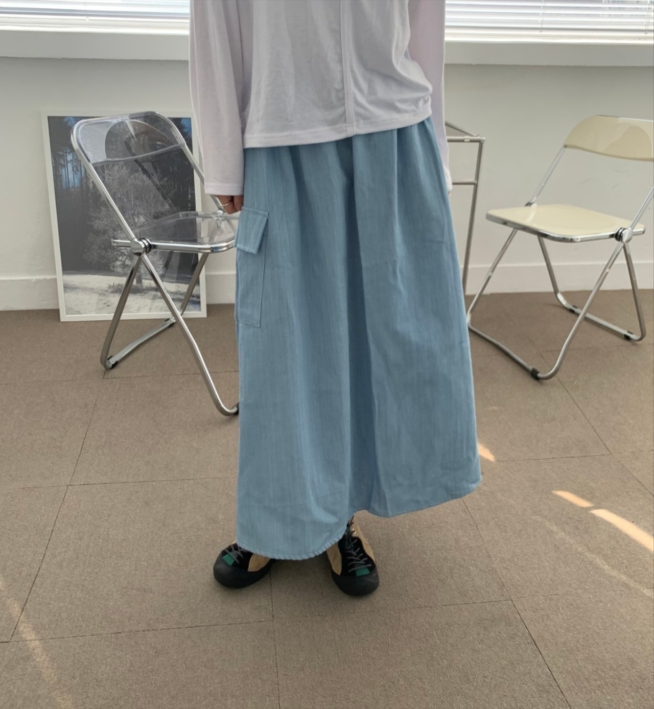 슬라브카고데님스커트 A라인 롱스커트 밴딩스커트 이미지 8