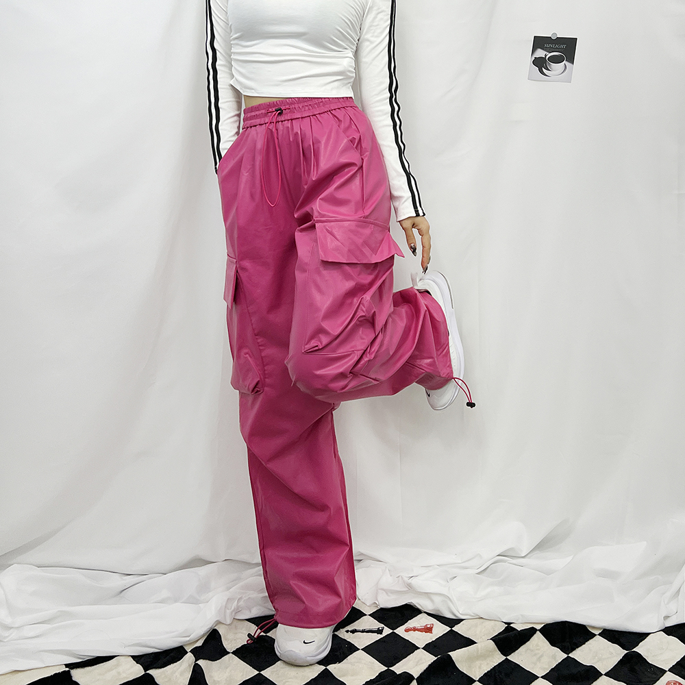 피유 가죽 레더 카고 트레이닝 댄스복 스트릿 조거 와이드팬츠 (핫핑크/블랙) - 상세 이미지 2