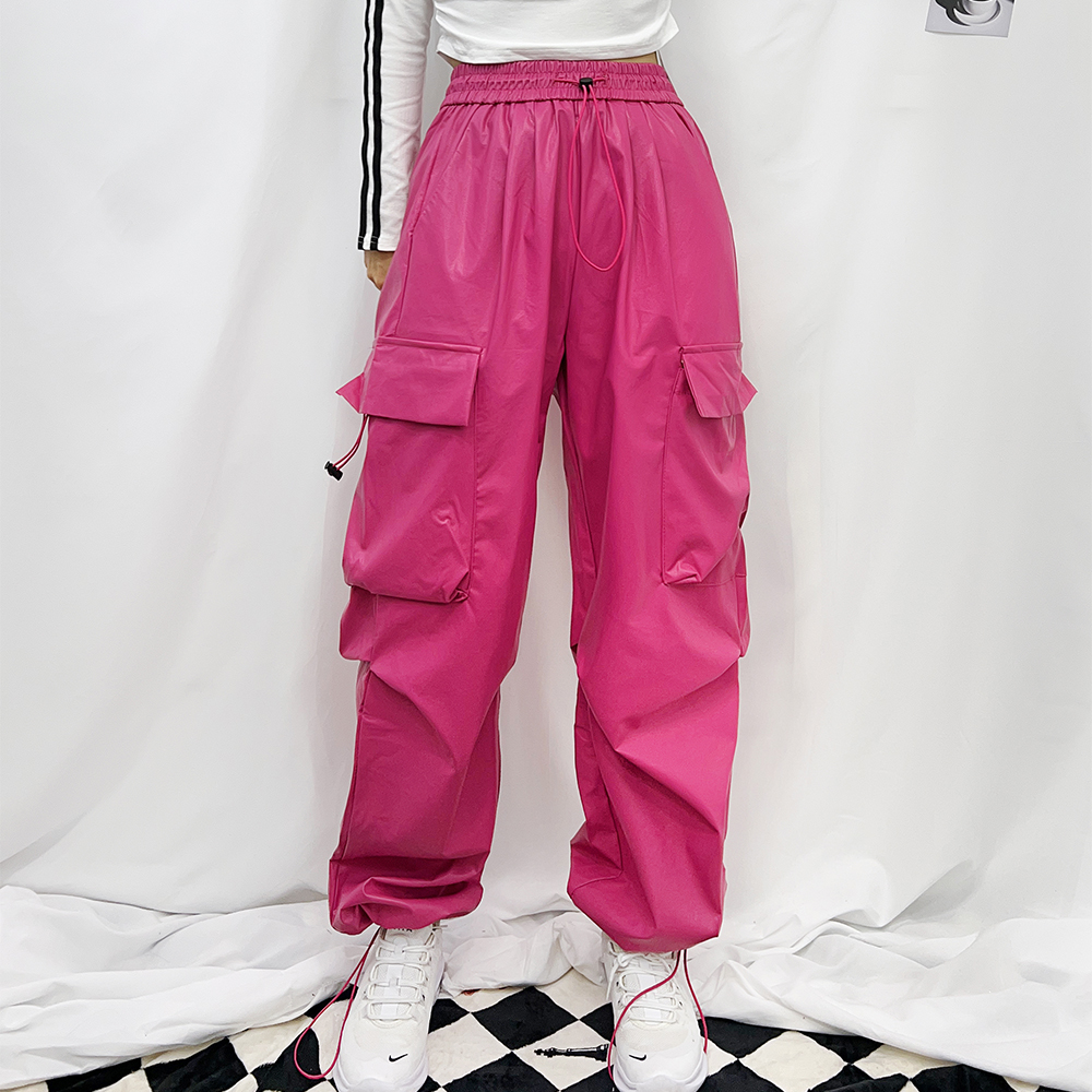 피유 가죽 레더 카고 트레이닝 댄스복 스트릿 조거 와이드팬츠 (핫핑크/블랙) - 상세 이미지 3