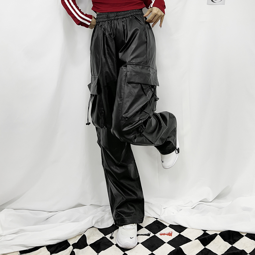 피유 가죽 레더 카고 트레이닝 댄스복 스트릿 조거 와이드팬츠 (핫핑크/블랙) - 상세 이미지 4