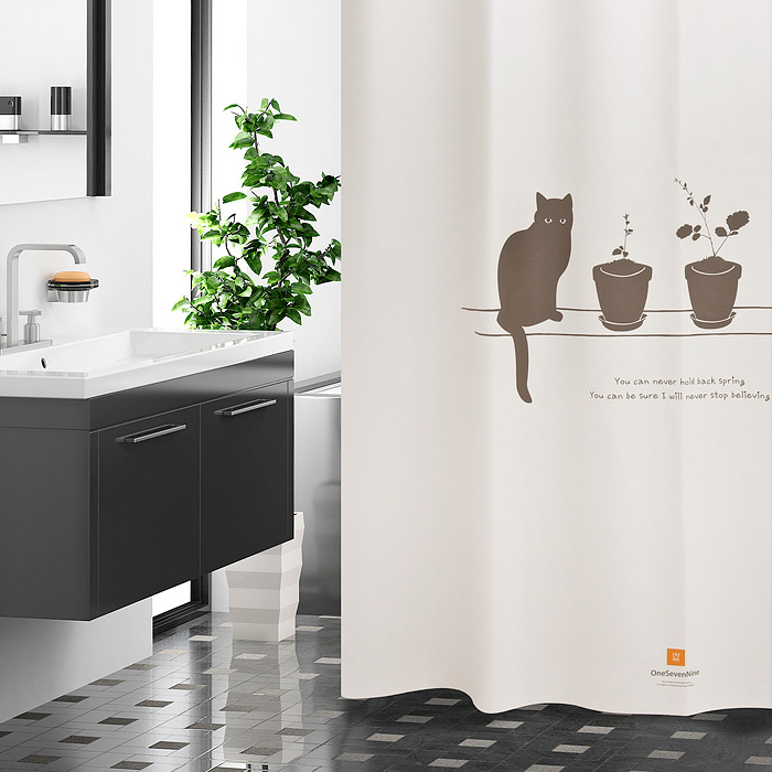 원세븐나인 패브릭 샤워커튼 옥탑방 고양이 L (180X208cm)