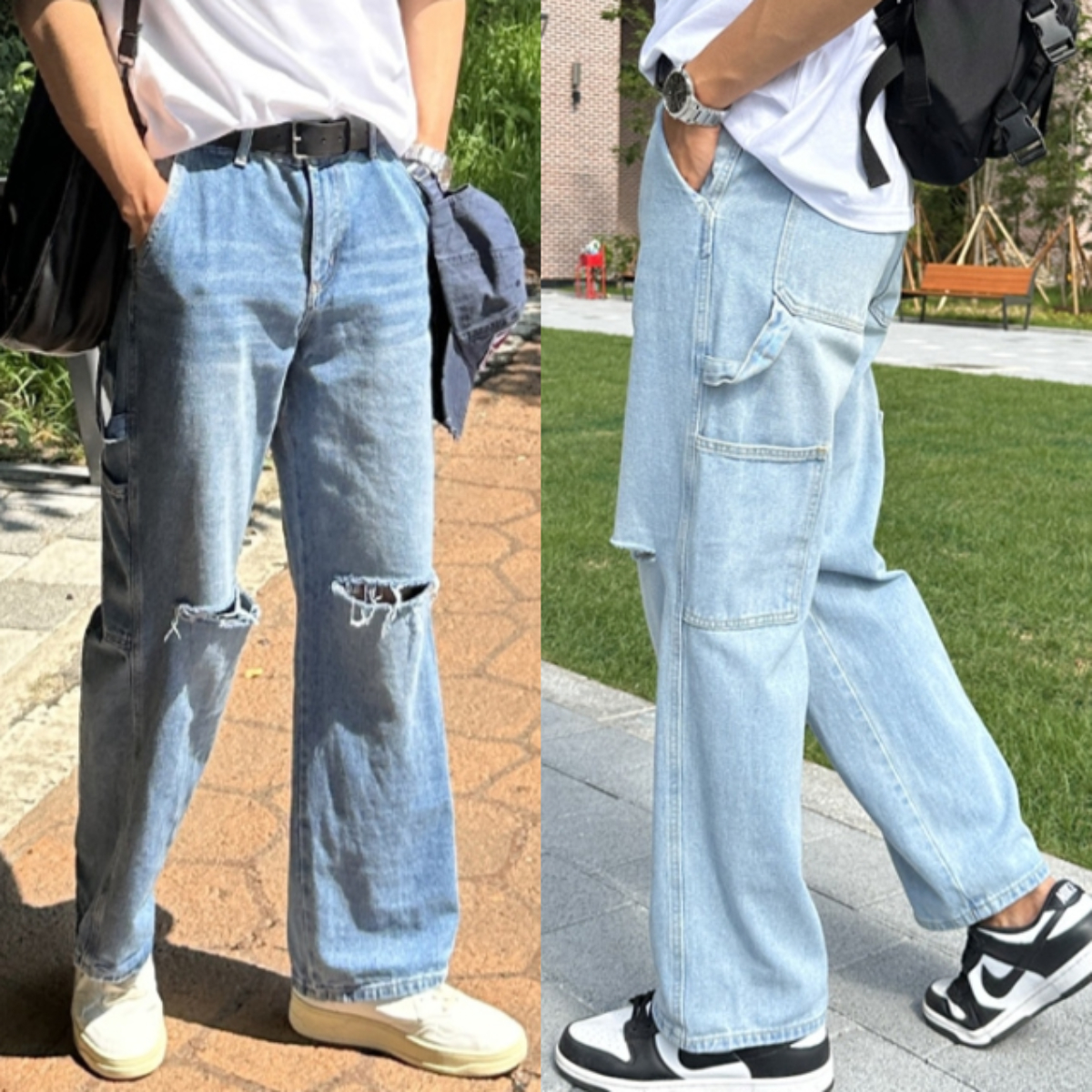 남자 마키아 봄 여름 가을 빈티지 구제 커팅 데미지 와이드 데님