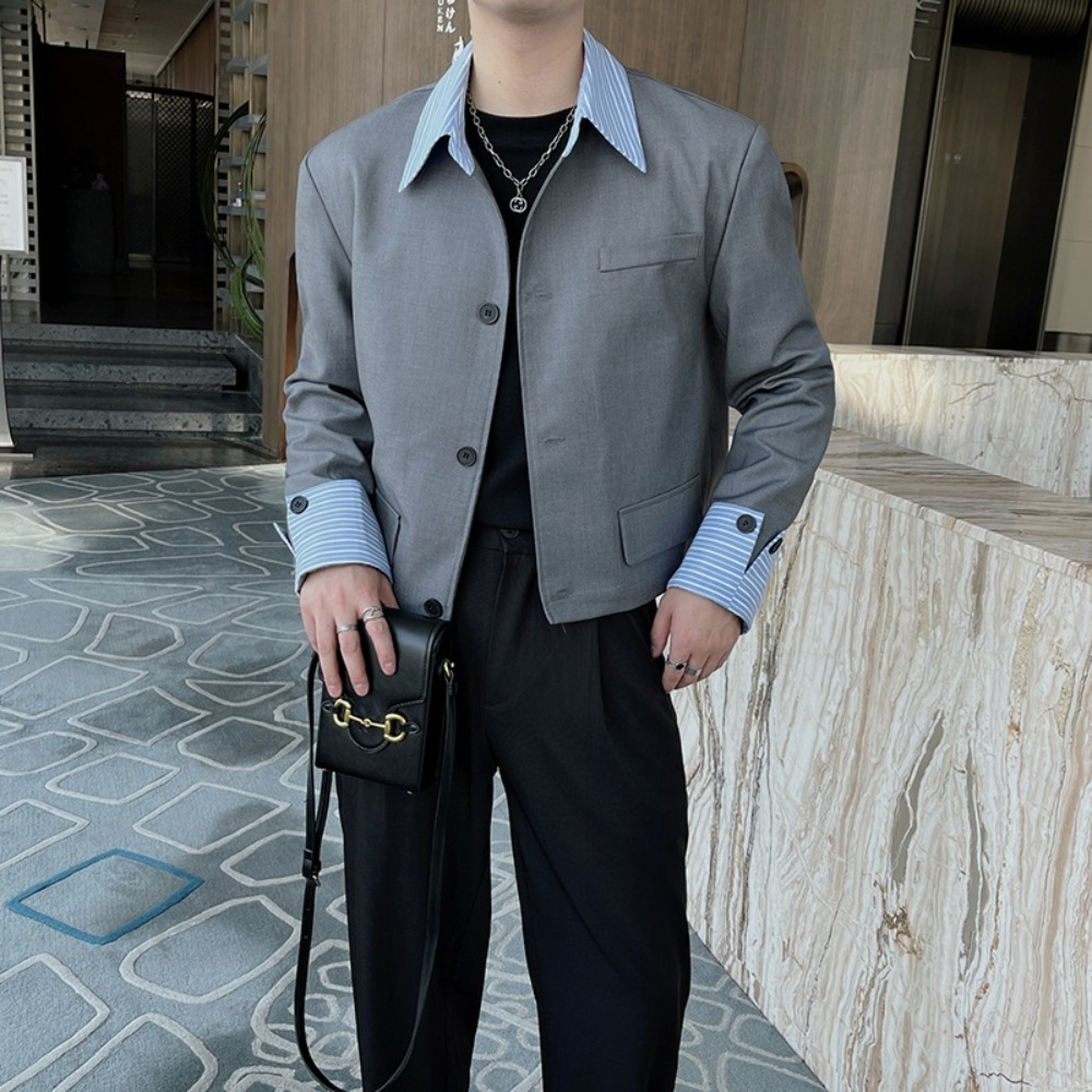 유니크 크롭 자켓 셔츠레이어드 캐주얼 정장 하객룩 미니멀 힙한 그레이 블랙 - 상세 이미지 3