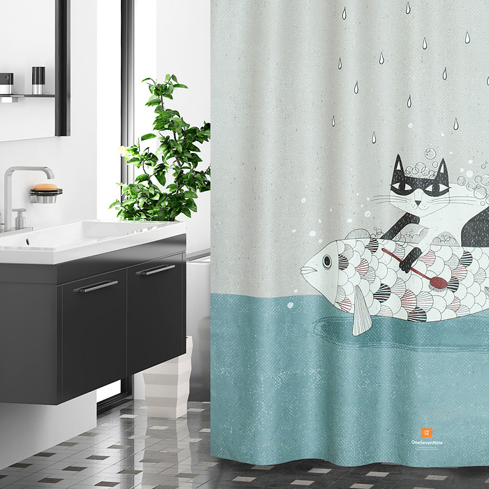 원세븐나인 패브릭 샤워커튼 트래블링 캣 L (180X208cm)
