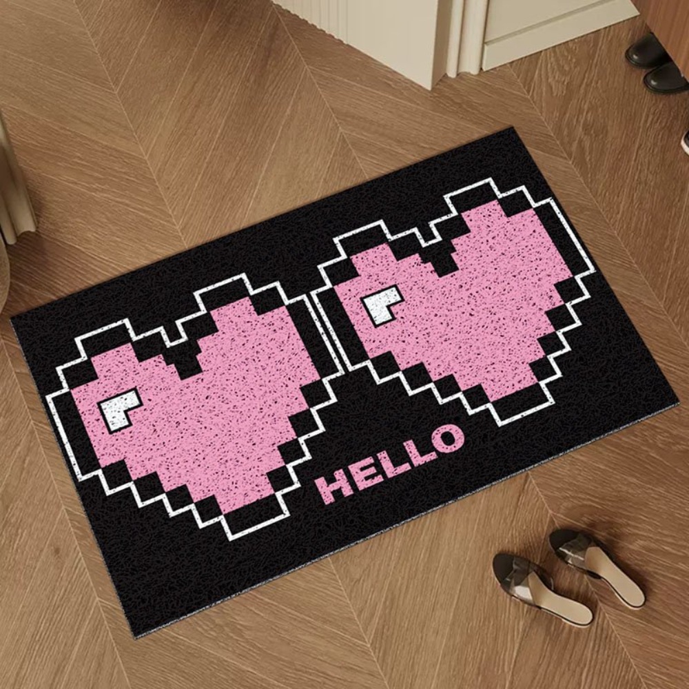 픽셀 핑크 그래픽 하트 모양 HELLO PVC 얼룩방지 욕실 발매트 - 상품 이미지