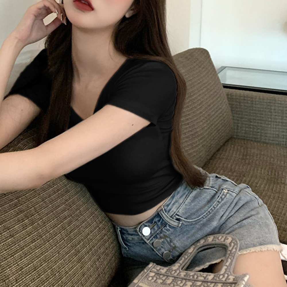 세미크롭티 여자무지 쫄티 크롭 배꼽티 여름 라운드넥 반팔 이미지 3
