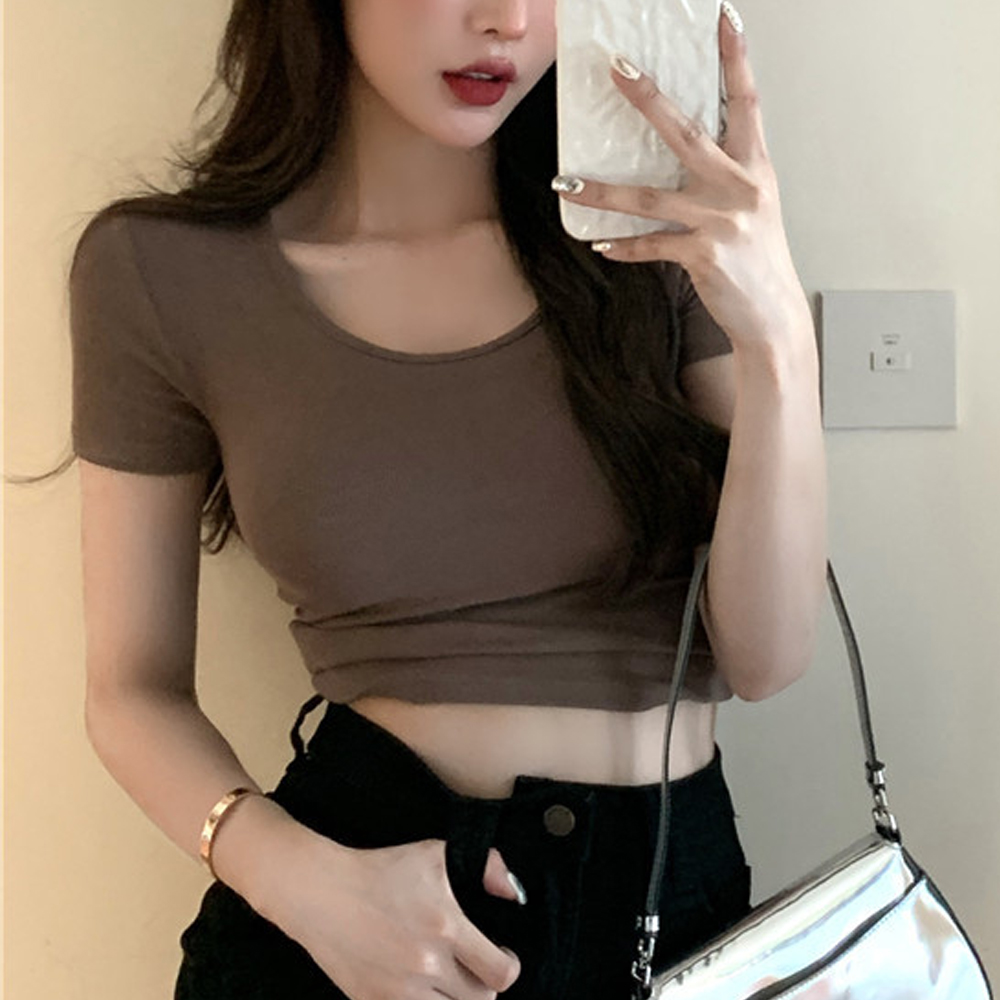 세미크롭티 여자무지 쫄티 크롭 배꼽티 여름 라운드넥 반팔 이미지 2