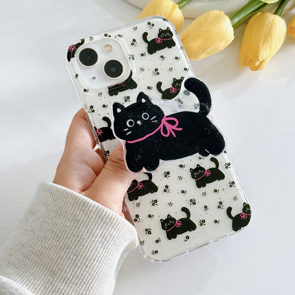 (블프데이) 아이폰15 케이스 꽃 패턴 고양이 그립 톡포함 - 상세 이미지 5