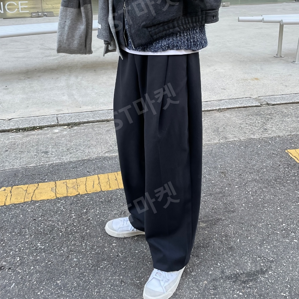 복고풍 오버올 루즈 와이드 레그 팬츠 남성용 신축성 있는 허리 주름 스트레이트 캐주얼 바지 - 상세 이미지 2