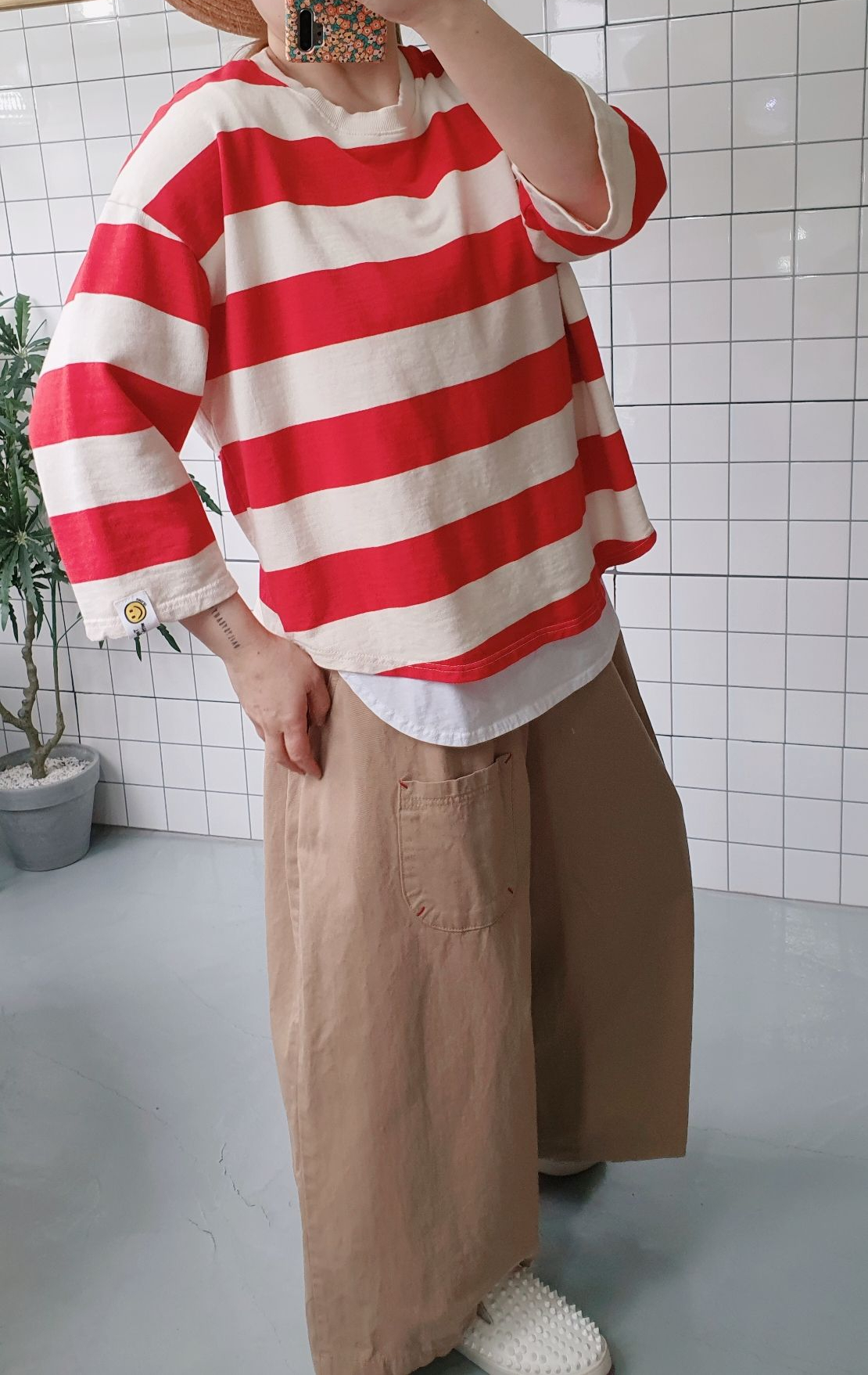 레드스티치 와이드 면 팬츠 - 상세 이미지 4