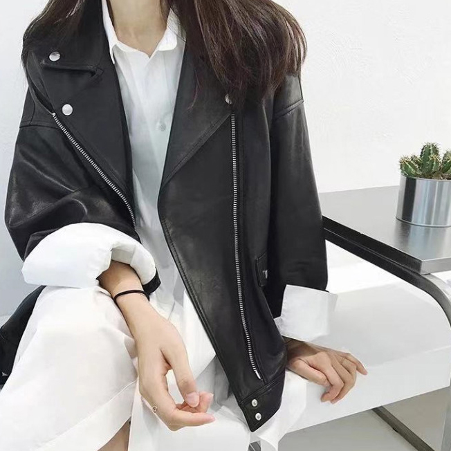 러블리해라 여성 양가죽 자켓 가을 간절기 오버핏 블랙 데일리 가죽 아우터 이미지 4