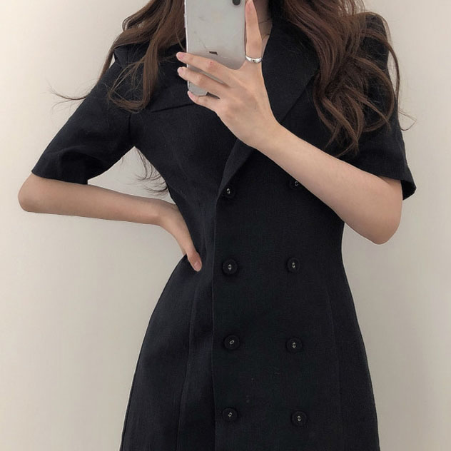 러블리해라 여름 하객 원피스 반팔 블랙 미니 정장 원피스 이미지 3