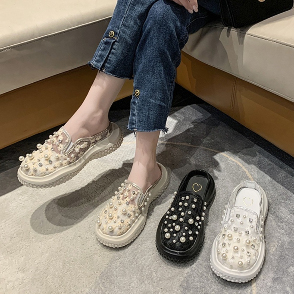 진주 메쉬 뮬 슬리퍼 키높이 자수 여름 휴양지 바캉스 블로퍼 데일리 캐주얼 굽5cm 3컬러 - 상세 이미지 5