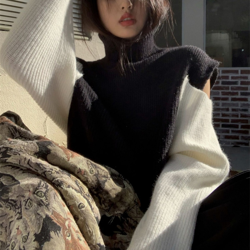 러블리해라 배색니트 데이트룩 봄 겨울 터틀넥 여성 여행룩 오버핏 아방 블랙앤화이트 이미지 3