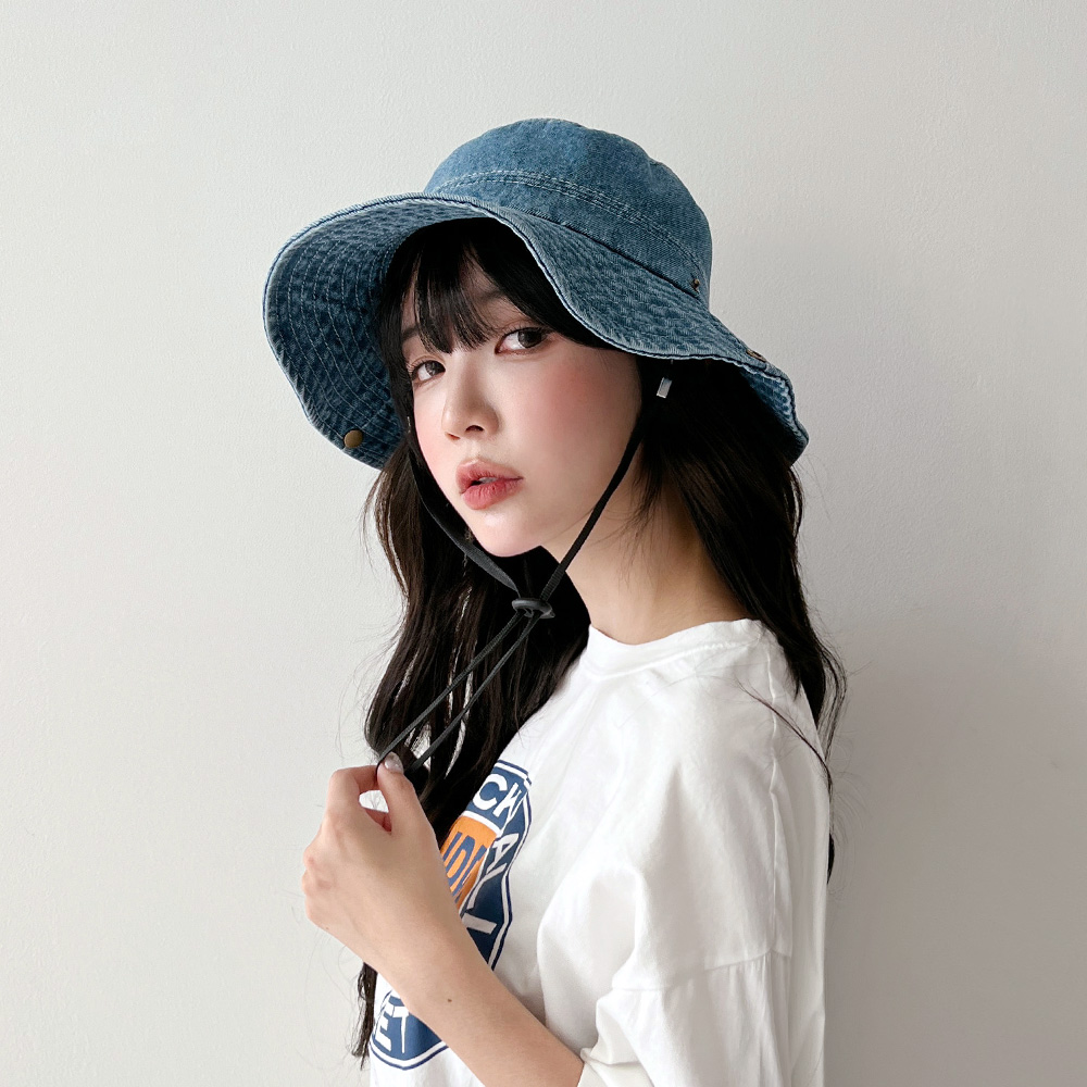워싱 데님 턱끈 벙거지 모자 버킷햇 - 상세 이미지 4