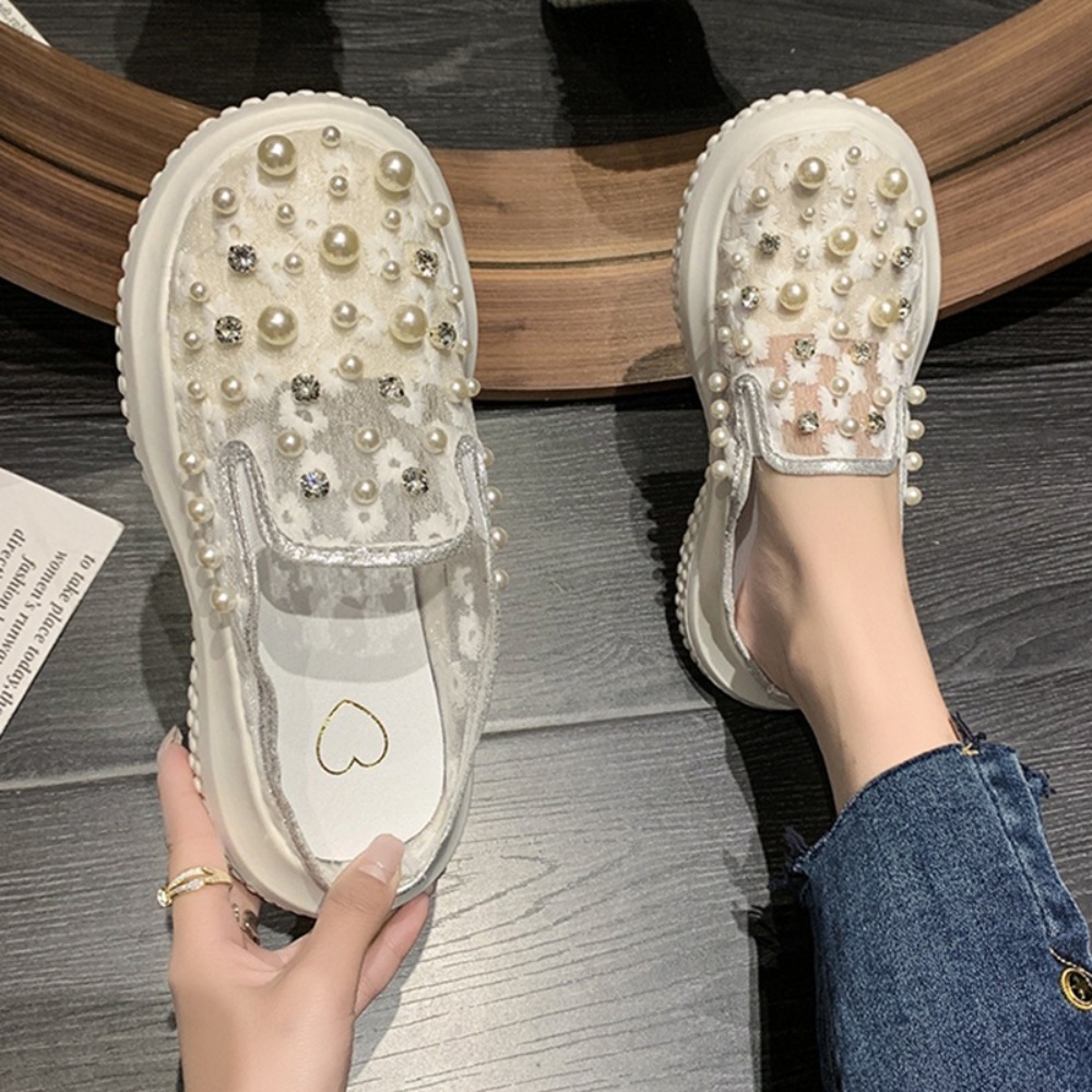 진주 메쉬 뮬 슬리퍼 키높이 자수 여름 휴양지 바캉스 블로퍼 데일리 캐주얼 굽5cm 3컬러 - 상품 이미지