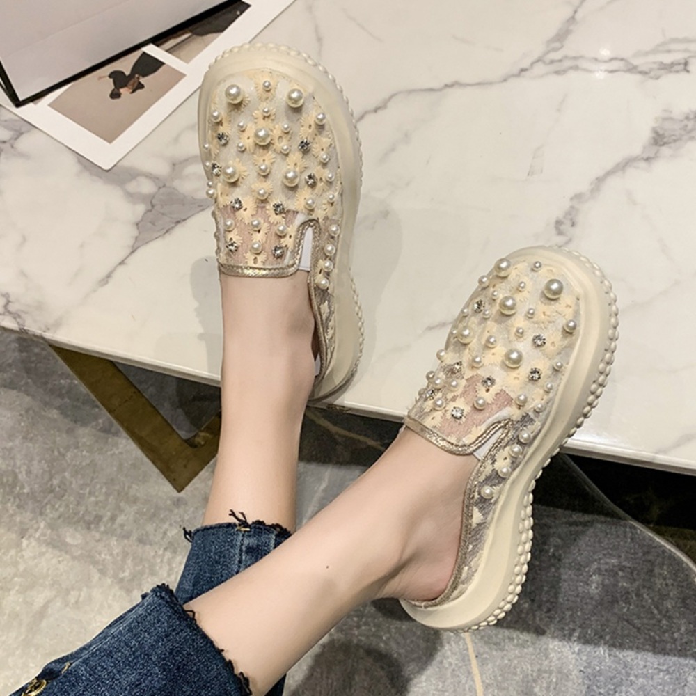 진주 메쉬 뮬 슬리퍼 키높이 자수 여름 휴양지 바캉스 블로퍼 데일리 캐주얼 굽5cm 3컬러 - 상세 이미지 4