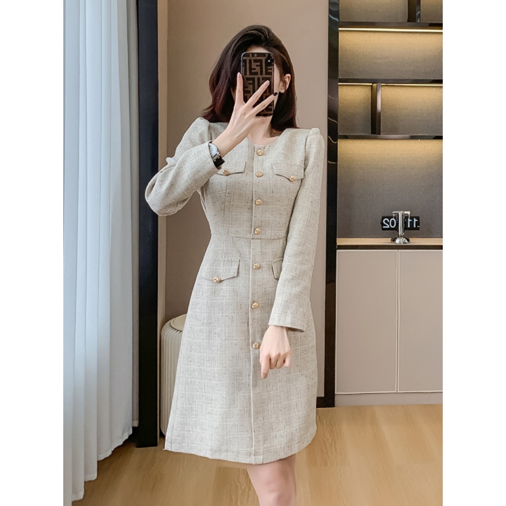 단정 정장 심플 원피스 오피스룩 하객 패션 오트밀 금장단추 소개팅 여친륵 예쁜 디자인 봄 - 상세 이미지 4