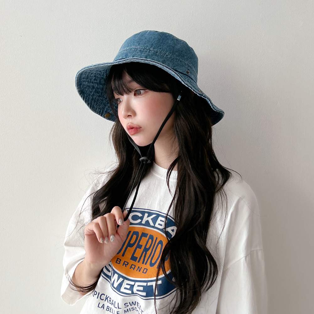 워싱 데님 턱끈 벙거지 모자 버킷햇 - 상세 이미지 3