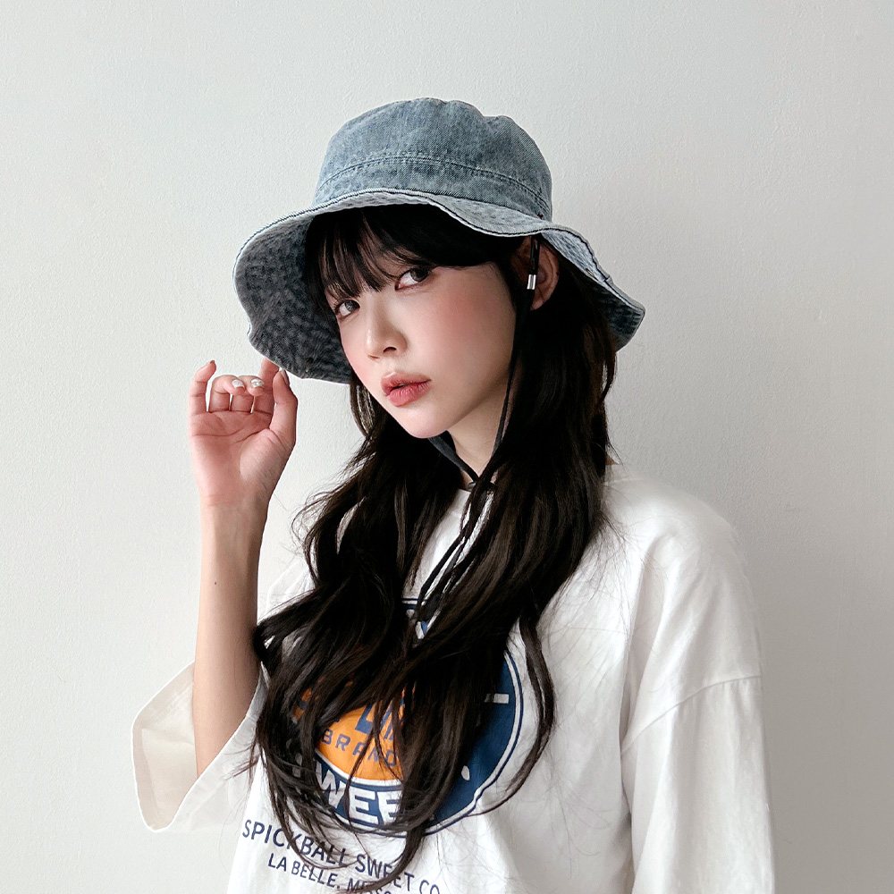 워싱 데님 턱끈 벙거지 모자 버킷햇 이미지 6