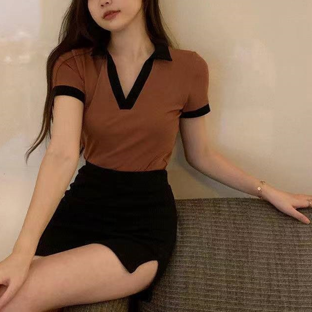 여성 데일리 카라 티 오피스 룩 반팔티 면 티셔츠 이미지 4