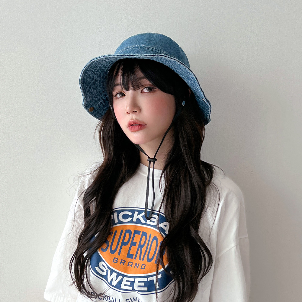 워싱 데님 턱끈 벙거지 모자 버킷햇 - 상세 이미지 2