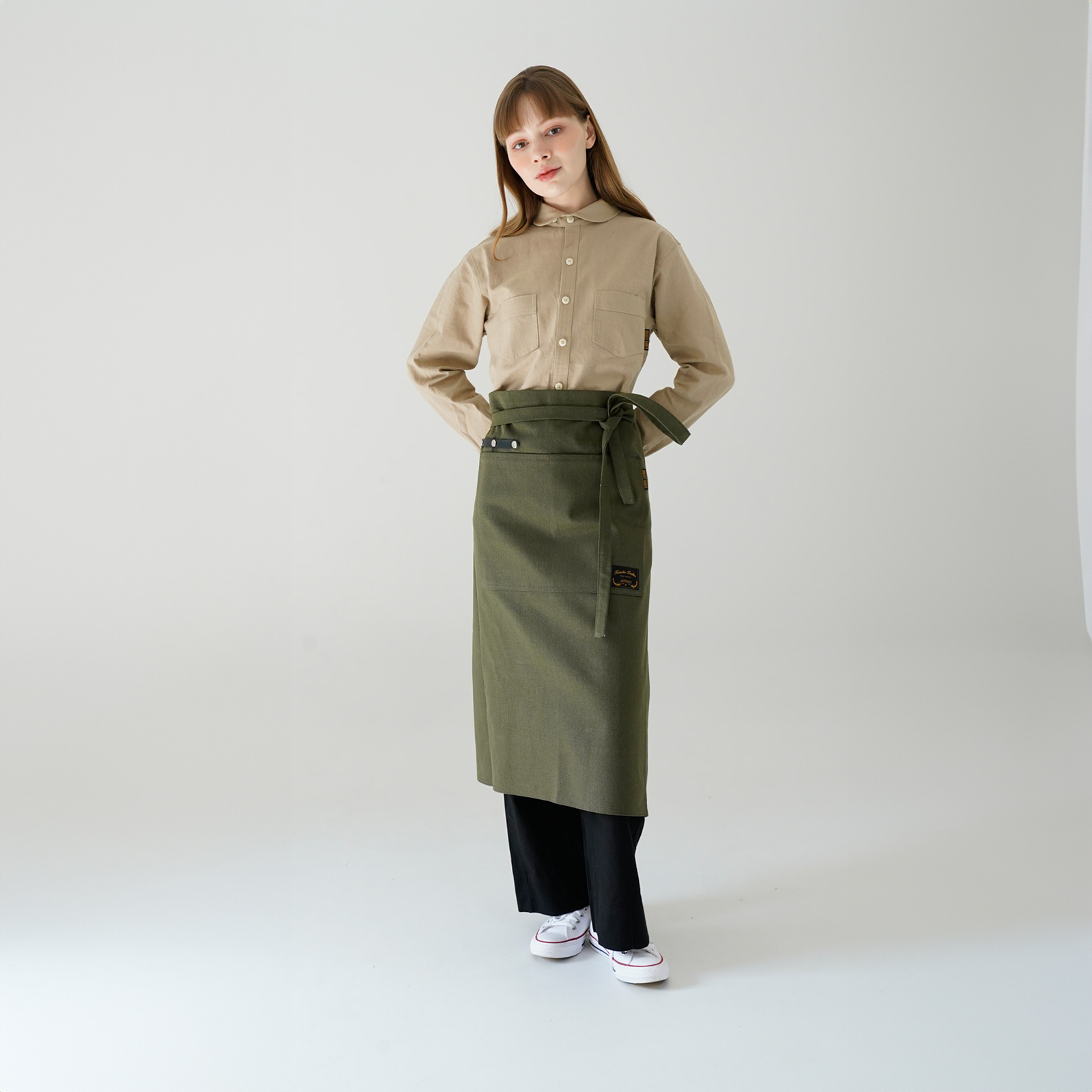 [하프에이프런]  워싱캔버스 앞치마 글로시 카키