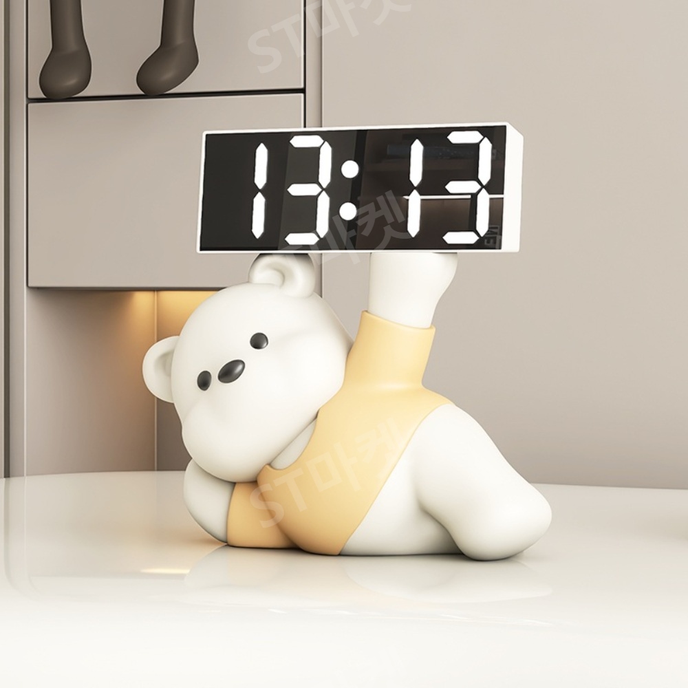 크림 곰 디지털 장식 시계 알람 거실 TV 테이블 인테리어 데스크탑 디스플레이 시계 이미지 3