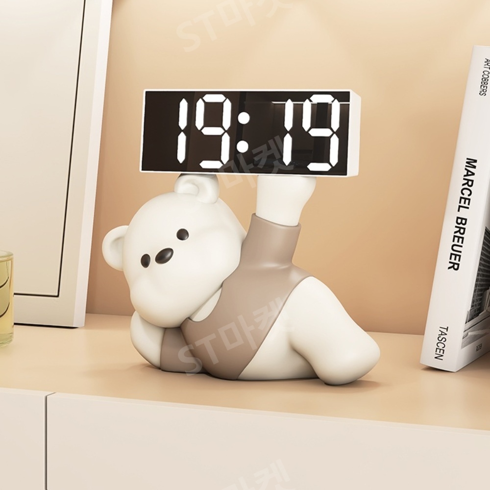 크림 곰 디지털 장식 시계 알람 거실 TV 테이블 인테리어 데스크탑 디스플레이 시계 이미지 4