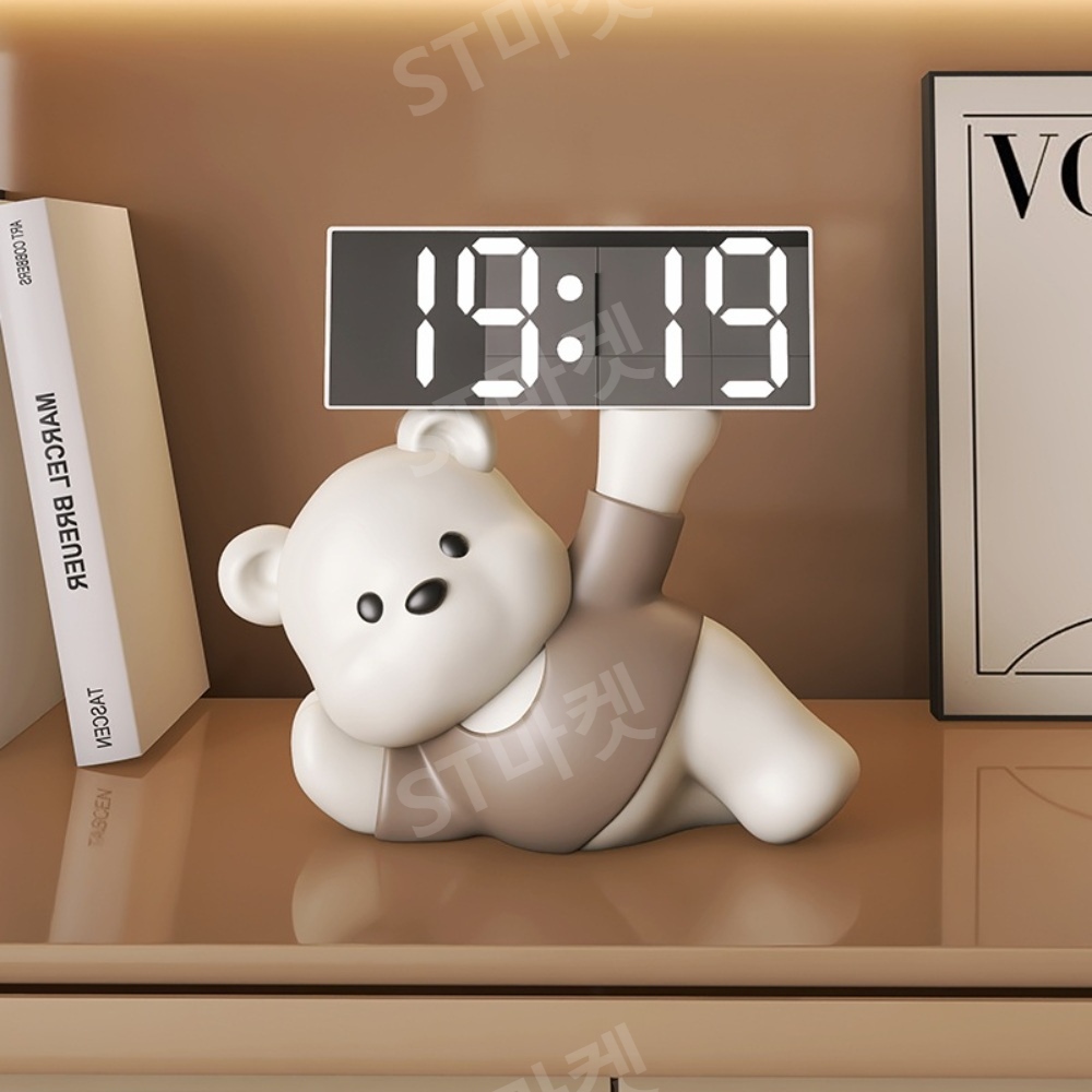 크림 곰 디지털 장식 시계 알람 거실 TV 테이블 인테리어 데스크탑 디스플레이 시계 이미지 2