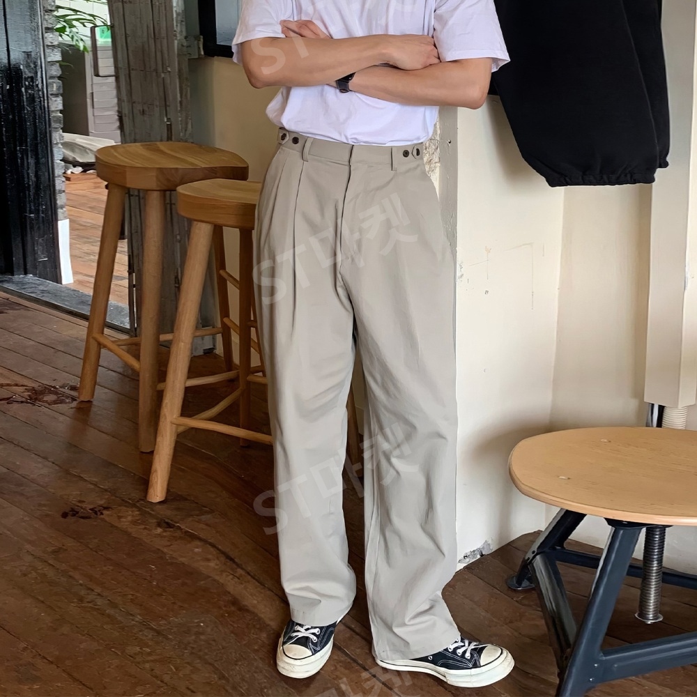 남성용 캐주얼  와이드 팬츠 허리 조절 심플 루즈한 봄 가을 스트레이트 팬츠 트렌디 브랜드 - 상세 이미지 4