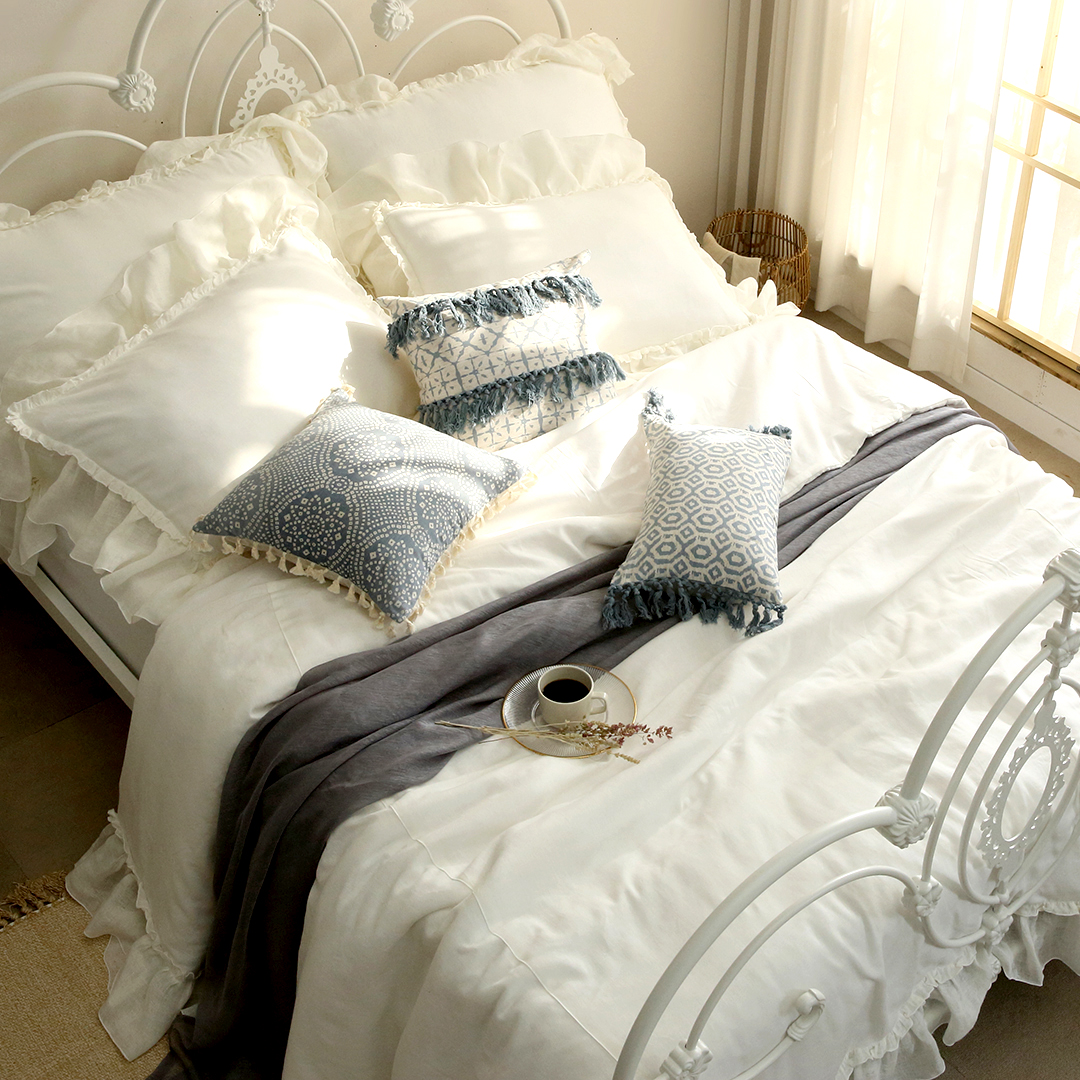 린넨 프릴 화이트 침구 세트 이스턴킹 누빔 이불 커버