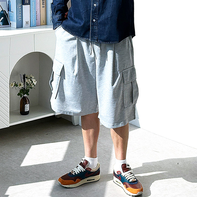 남자 버뮤다팬츠 회색반바지 핀턱반바지 벌룬팬츠 - 상품 이미지