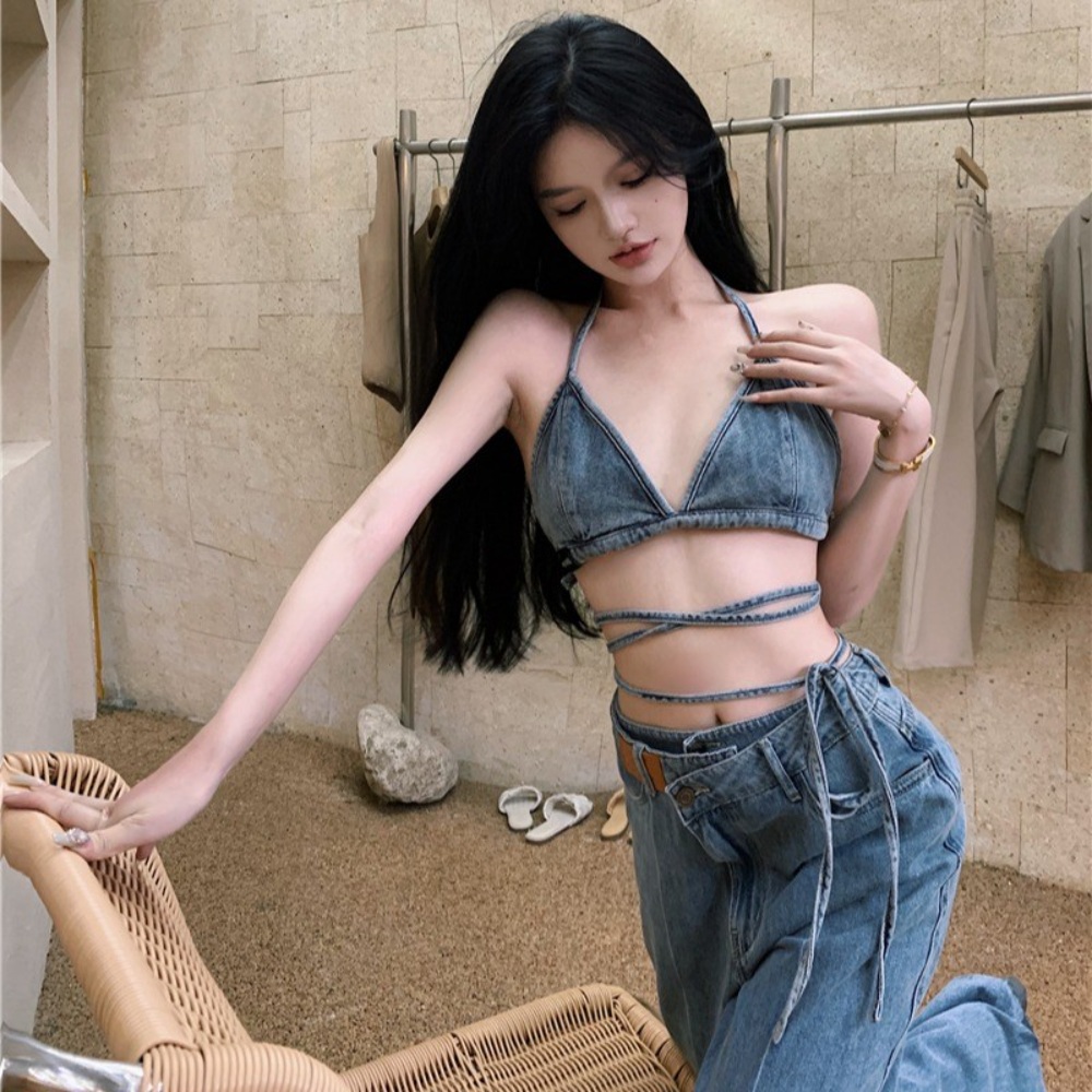 데님 홀터넥 스트랩 스트링 브라 레이어드 와이드 팬츠 세트 셋업 코디 힙한 핫걸 패션 - 상세 이미지 3