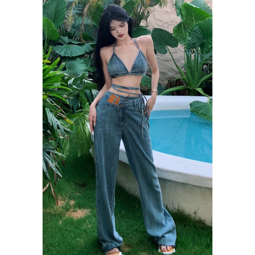 데님 홀터넥 스트랩 스트링 브라 레이어드 와이드 팬츠 세트 셋업 코디 힙한 핫걸 패션 이미지 6