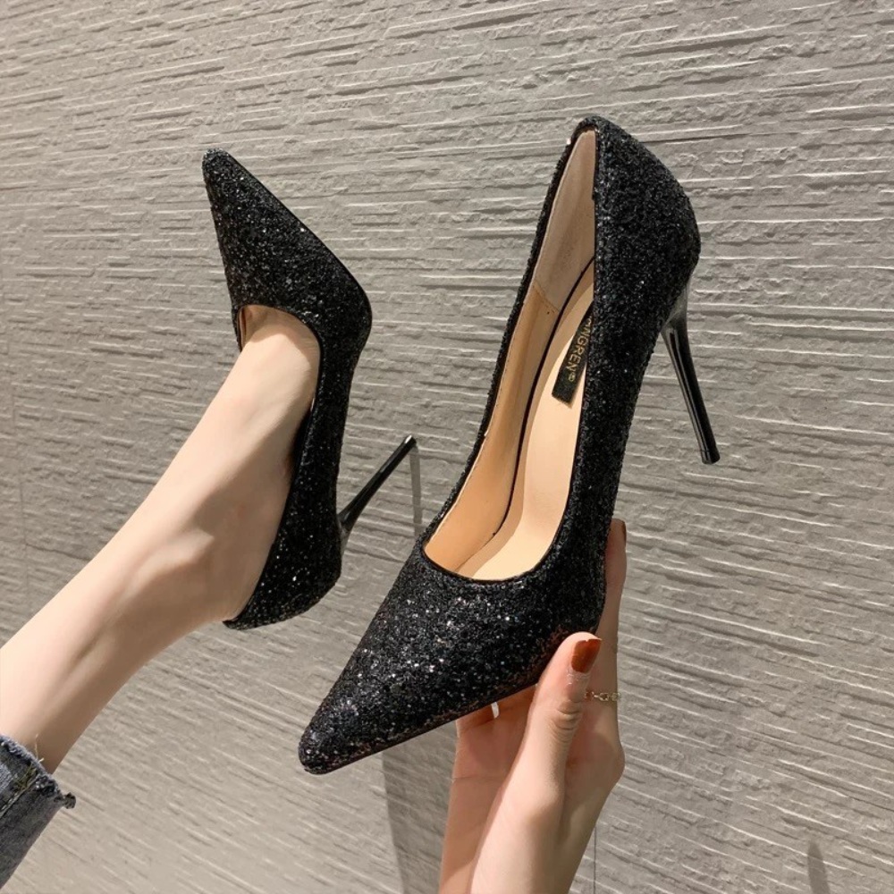 글리터 스틸레토 앞코 뾰족 구두 하이힐 킬힐 웨딩 슈즈 촬영 다용도 6CM 9CM 3컬러 - 상세 이미지 4