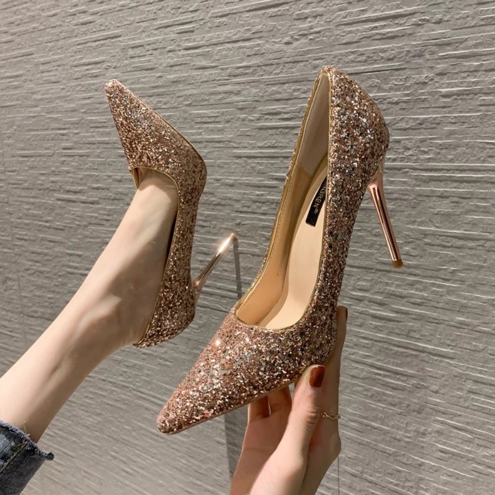 글리터 스틸레토 앞코 뾰족 구두 하이힐 킬힐 웨딩 슈즈 촬영 다용도 6CM 9CM 3컬러 - 상품 이미지