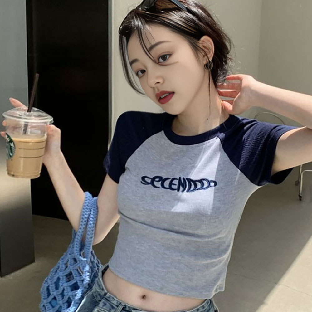 세미 크롭 티셔츠 여성 반팔 티 secendooo 라운드 넥 이미지 2