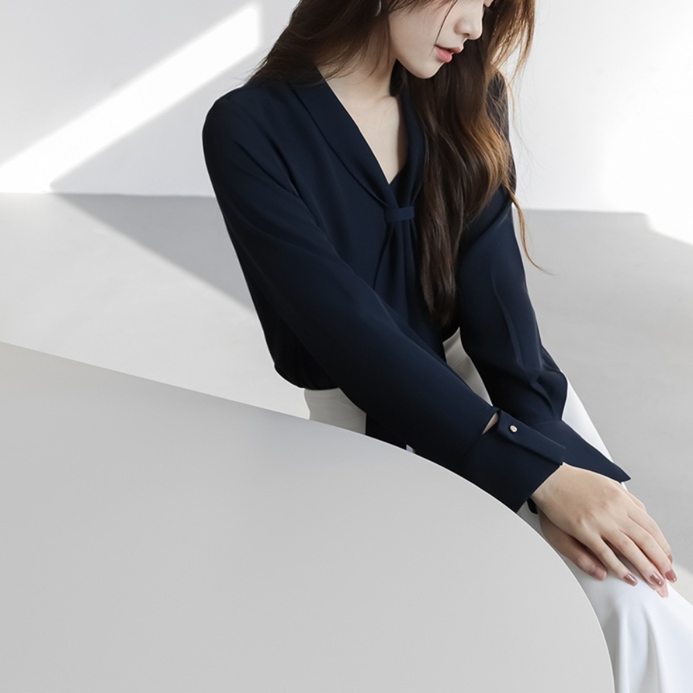 쉬폰 브이넥 화이트 타이 스카프 셔츠 블라우스 여배우 드라마 오피스룩 패션 디자인 5컬러 - 상세 이미지 5