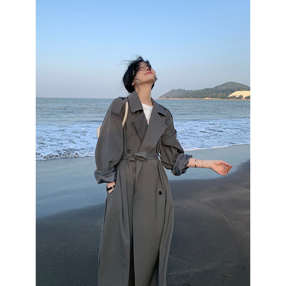 화이트 아이보리 트렌치코트 롱 고급 바람막이 패션 여친룩 봄 가을 패션 여배우 코디 - 상세 이미지 3