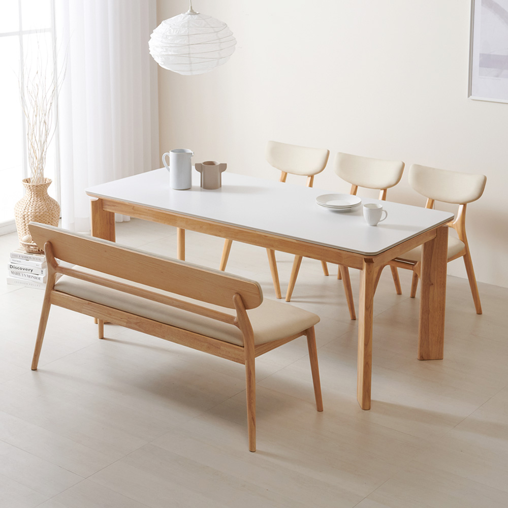 수림 원목 포세린 세라믹식탁 세트 6인용 포쉐린 테이블+의자3+벤치1, 1800mm, 네추럴