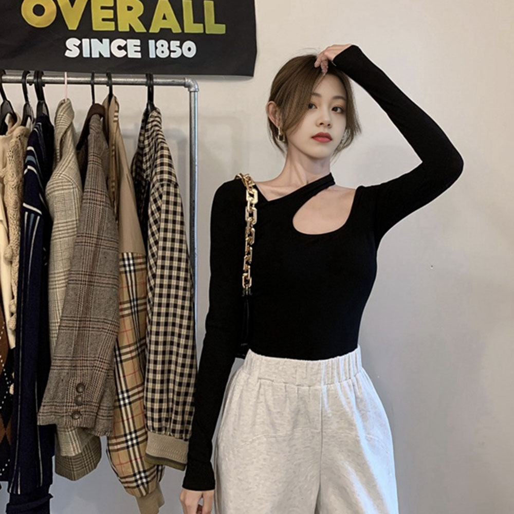 여자 긴팔 티 봄 슬림핏 옷 쇄골 티셔츠 이미지 3
