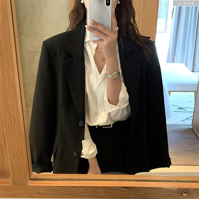 맨션 오버핏 카라 싱글 하프 블레이져 자켓 3col 가을 봄 비스코스 하객 제이플로우 - 상품 이미지
