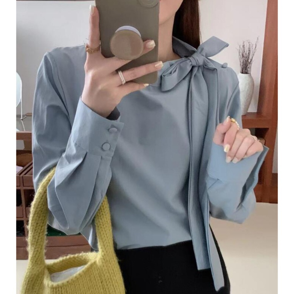 유니크 디자인 캐주얼 리본 타이 셔츠 블라우스 루즈핏 출근 데이트 봄 가을 코디 여친룩 - 상품 이미지