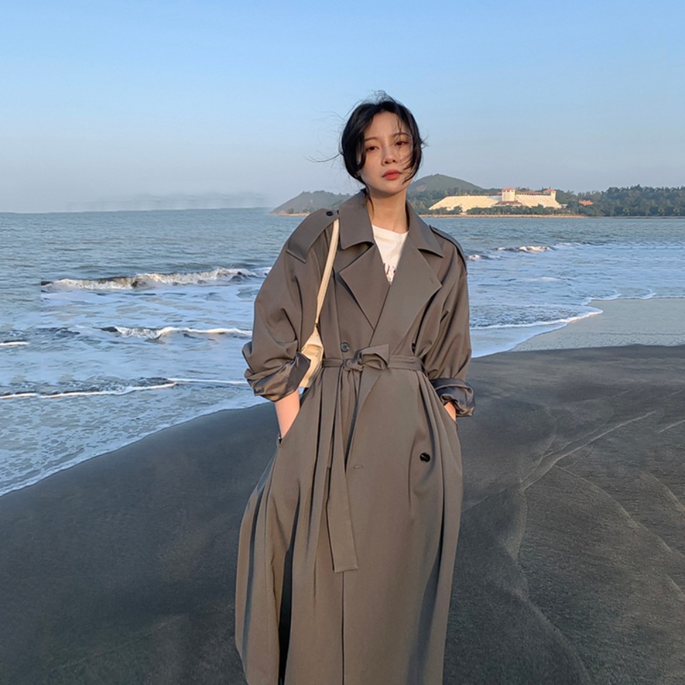 화이트 아이보리 트렌치코트 롱 고급 바람막이 패션 여친룩 봄 가을 패션 여배우 코디 - 상세 이미지 4