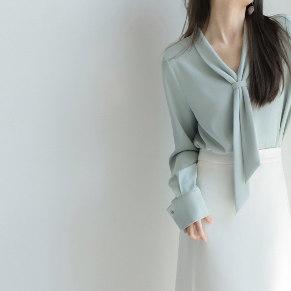 쉬폰 브이넥 화이트 타이 스카프 셔츠 블라우스 여배우 드라마 오피스룩 패션 디자인 5컬러 - 상세 이미지 2